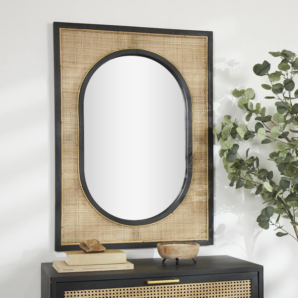 Brown Rattan Room Wall Mirror with Black Accent Frames