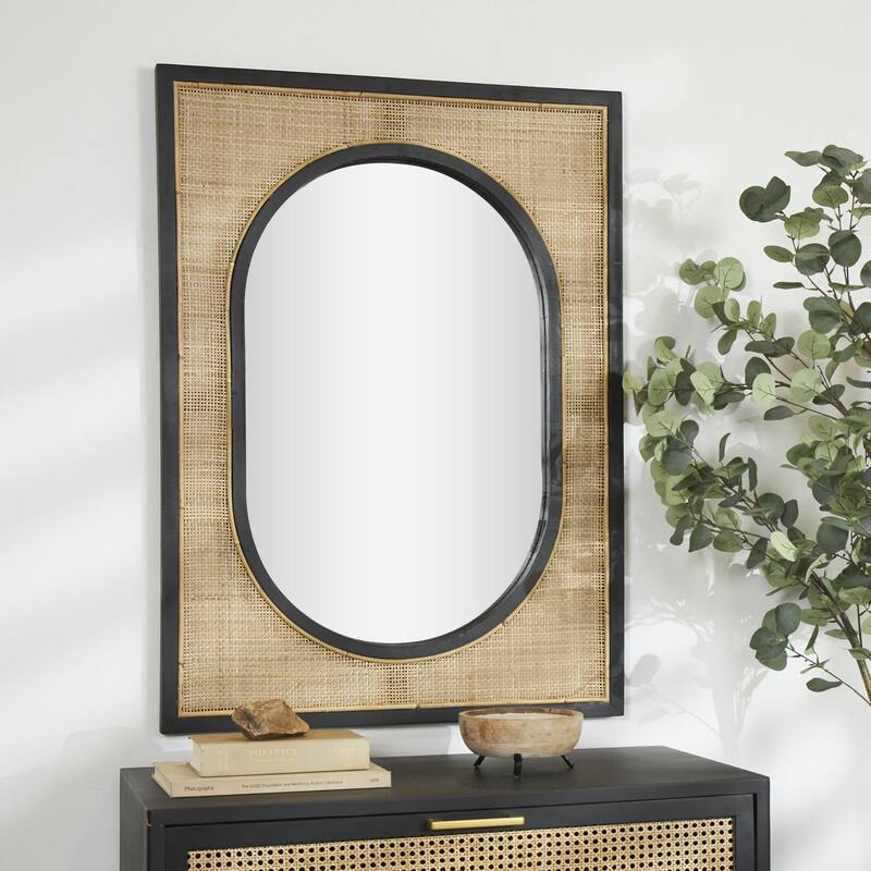 Brown Rattan Room Wall Mirror with Black Accent Frames - Brown - 30"W, 42"H