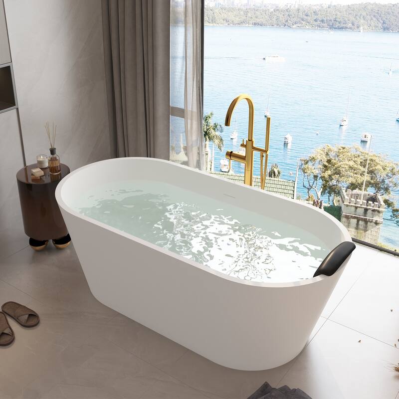 CASAINC Resin Stone Solid Surface Soaking Stand Alone Bathtub Freestanding Bathtub in Matte White