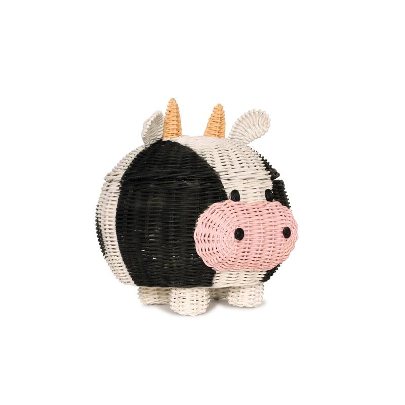 Cow Rattan Storage Basket with Lid Decorative Bin Home Decor Hand Woven Shelf Organizer Cute Handmade Handcrafted Gift