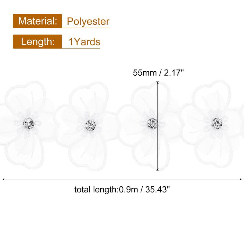 Flower Lace Trim Ribbon, Embroidered Polyester Applique - White - 1Yards