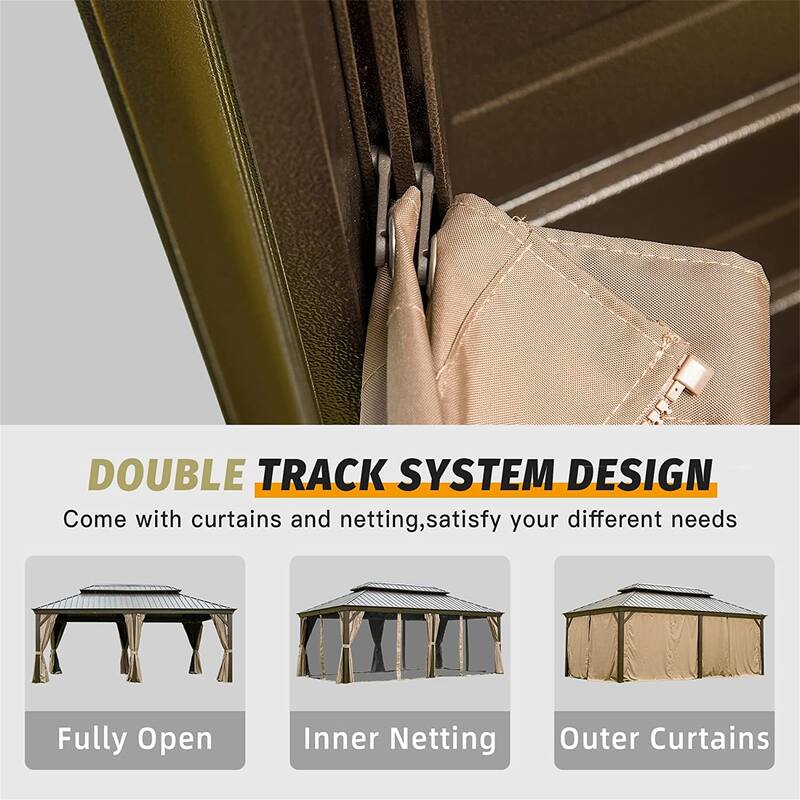 GDFStudio - Terry Outdoor Aluminum Hardtop Gazebo with Galvanized Steel Double Roof, Curtains & Netting