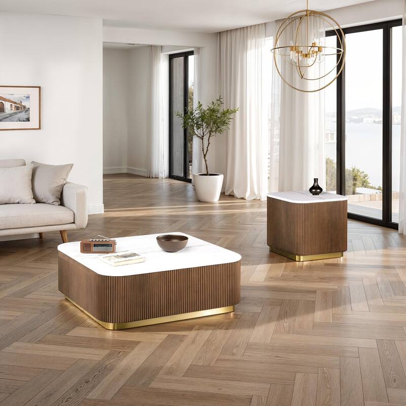 Modern Genuine Marble Top Coffee Table with Accent Gold Stainless Steel Base - White+Brown(3PCS) - 1 Square+2 Small Square