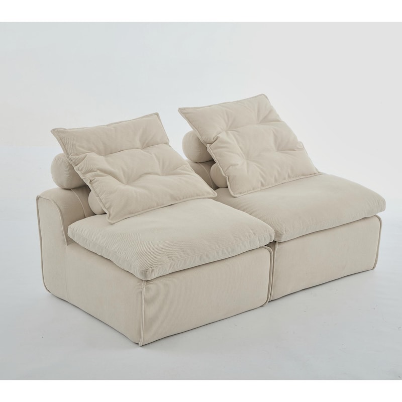 Modular 2-Seat Beige Upholstered Sofa with Neck & Lumbar Pillows, DIY Design