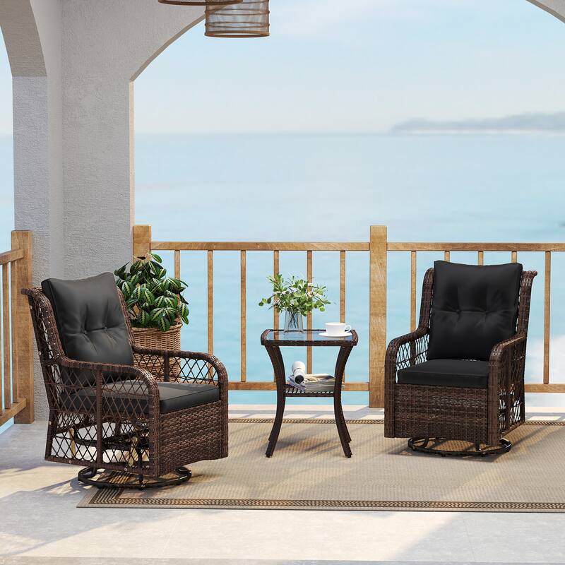 3 Piece Mix Brown Rattan Metal Swivel Chairs with Cushions and Glass Side Table - 30" x 26" x 35"