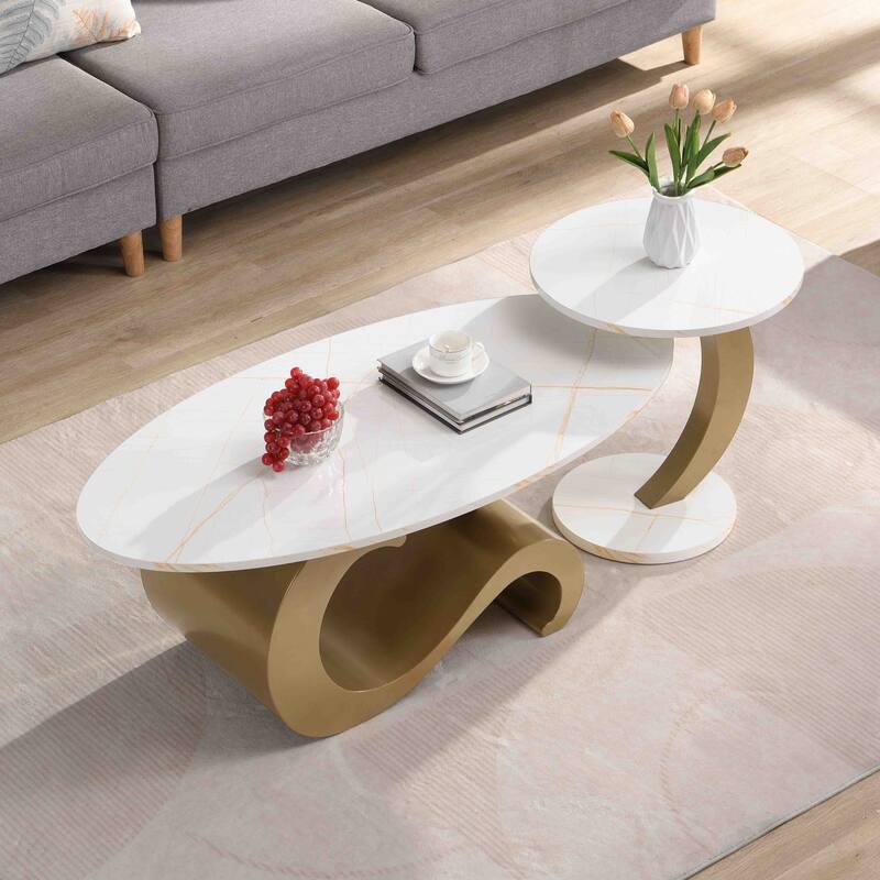 Nesting Coffee Table Set of 2, Round & Oval End Tables with faux marble Tabletop, Side Table