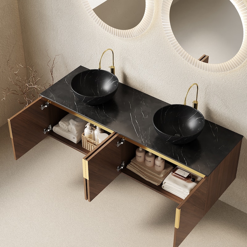 GDFStudio - Arai Modern 60" Floating Bathroom Vanity with Black Sintered Stone Countertop, Dual Ceramic Basin & 4 Doors