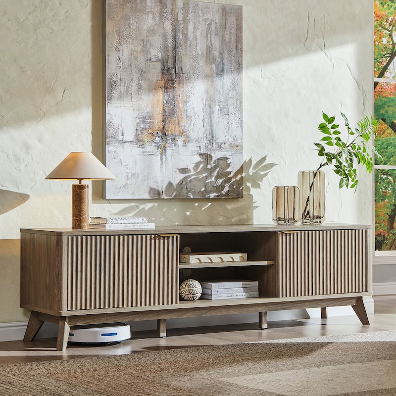 70" Modern Fluted TV Stand for Living Room, Wood Entertainment Center - Brown Alder