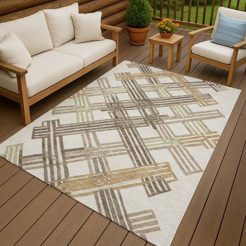 Machine Washable Indoor/ Outdoor Modern Trellis Chantille Rug - Ivory - 3' x 5'