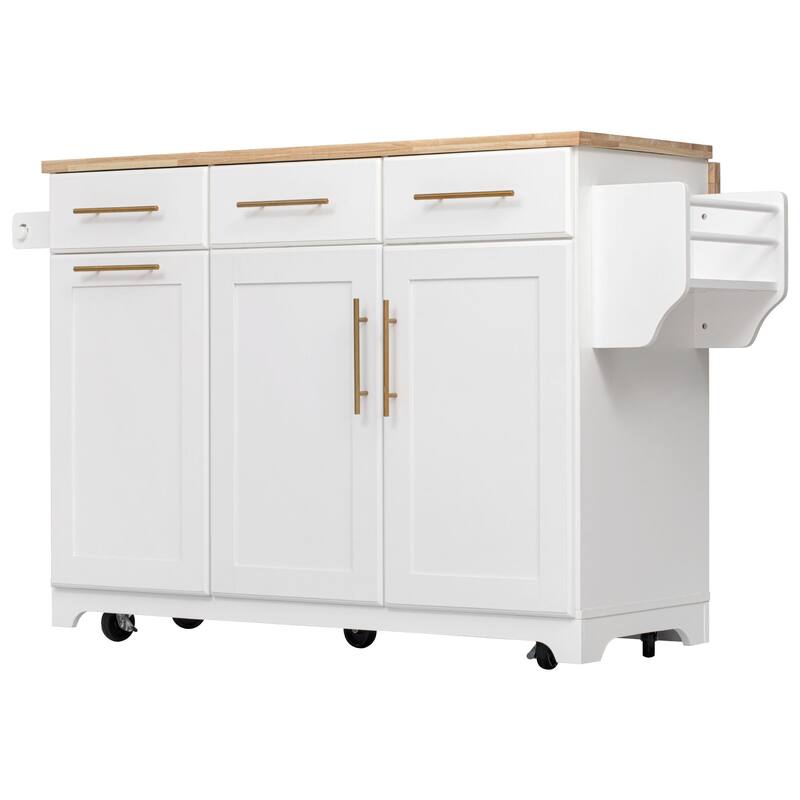 59.3" Rolling Kitchen Island with Storage 2 Pull Out Cabinet Organizers & Rubber Wood Drop Leaf,Trash Can Storage,Power Outlet