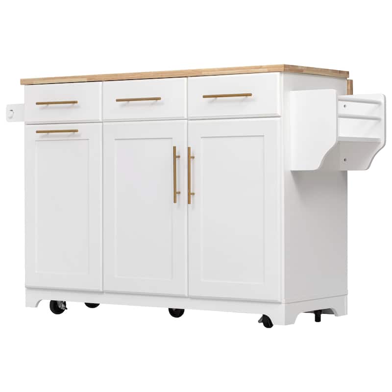 59.3" Rolling Kitchen Island with Storage and Pull-Out Organizers Rubber Wood Drop Leaf Rolling Design for Versatile Use