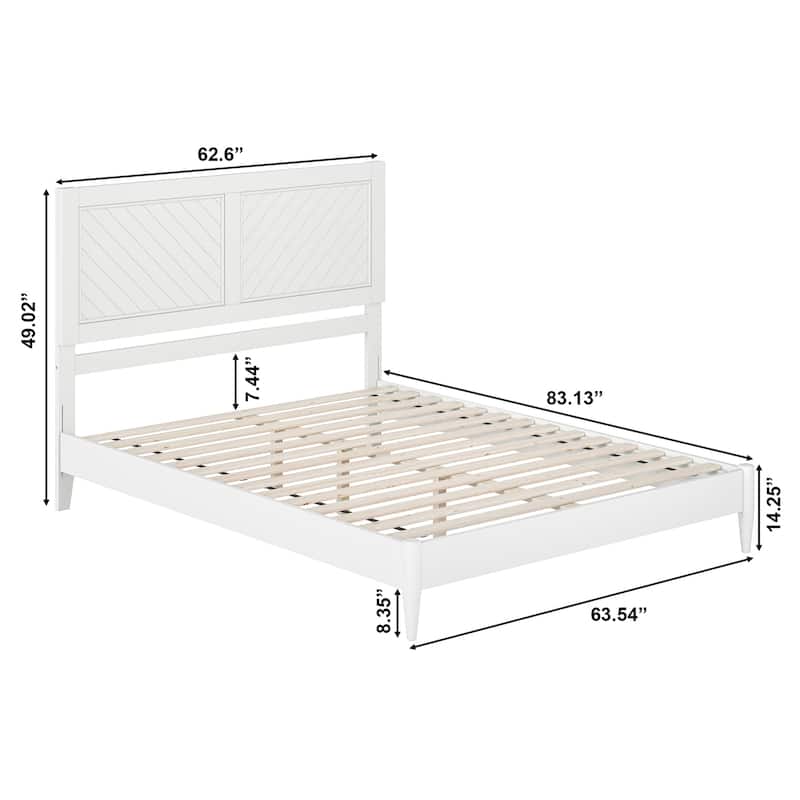 Solid Wood Low Profile Platform Bed with USB Port - Gothic Glamour Design, White Finish