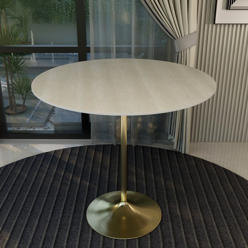 LeisureMod Verve 48" Round Dining Table with MDF Wood TableTop and Brushed Gold Base for Kitchen & Dining Room