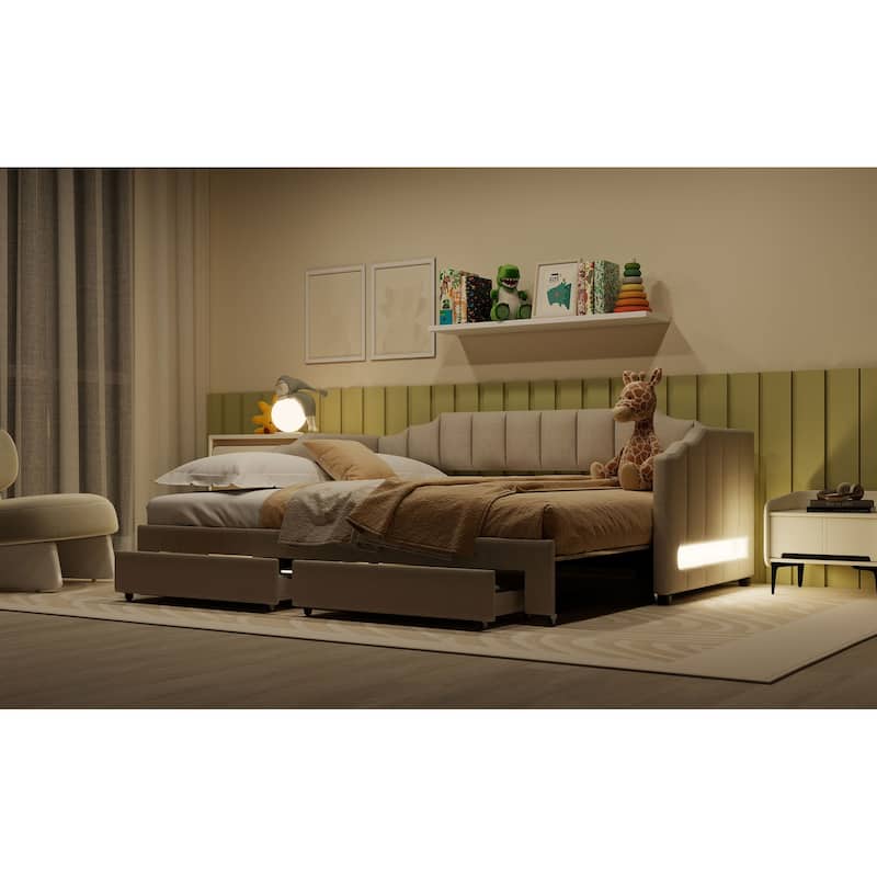 Extendable Twin XL to King Upholstered Daybed with Storage Drawers and LED Light, Beige