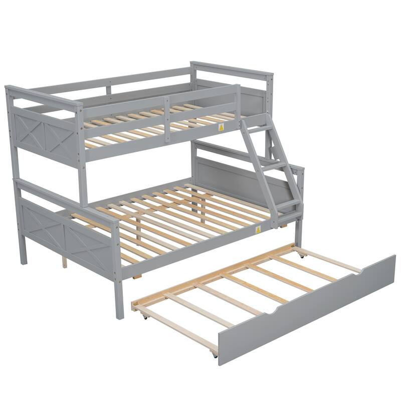 Twin over Full Bunk Bed with Ladder, Trundle, Safety Guardrail, Gray
