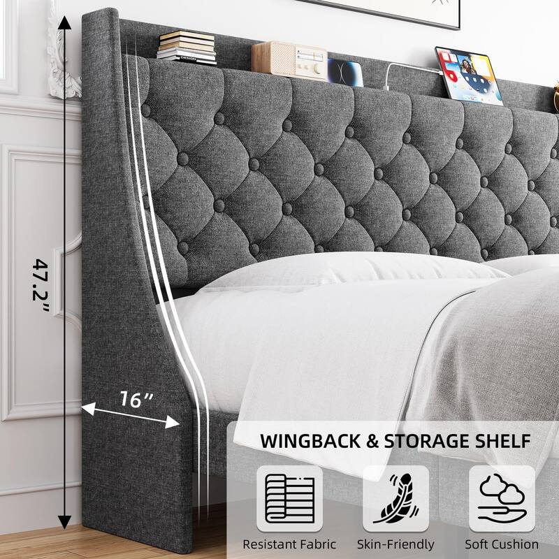 Upholstered Bed Frame with Wingback Headboard
