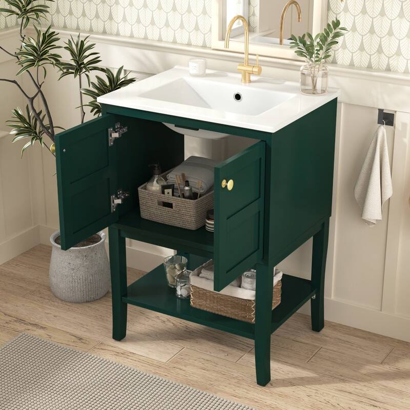 24 inch MDF Freestanding Bathroom Vanity Set in Green with Integrated Resin Sink