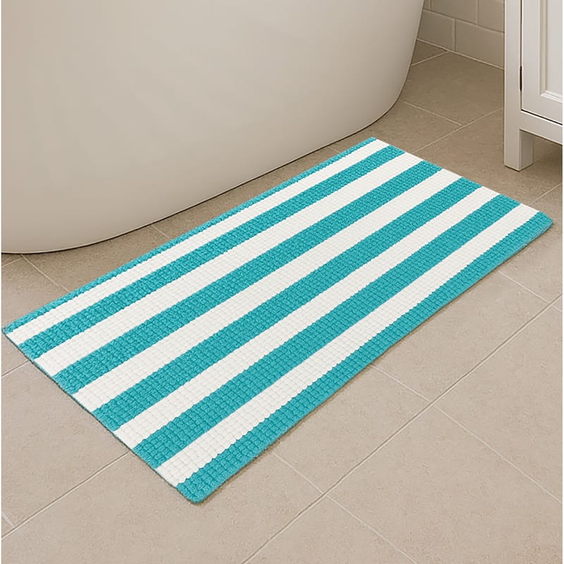 24"x16" - Light Blue White Stripe Large Soft Cozy Plush Chenille Bath Mat Bathroom Rug