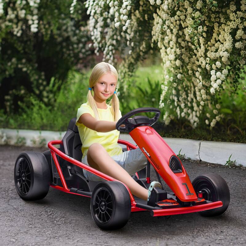 24V Electric Go-Kart for Kids, 8.1 MPH Drifting Car with Music, Horn & Safety Belt, Ages 8-12