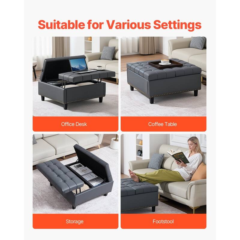 Tufted Lift Top Storage Ottoman Elegant Gray PU Leather with Hidden Compartment Child Safe Hinges