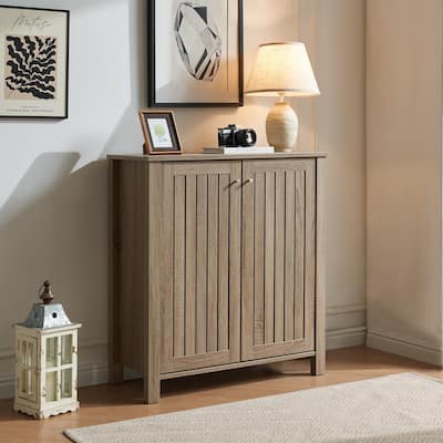 Shoe cabinet storage cabinet entryway cabinet with two doors slat style vented doors metal knob handle four shelves Dark