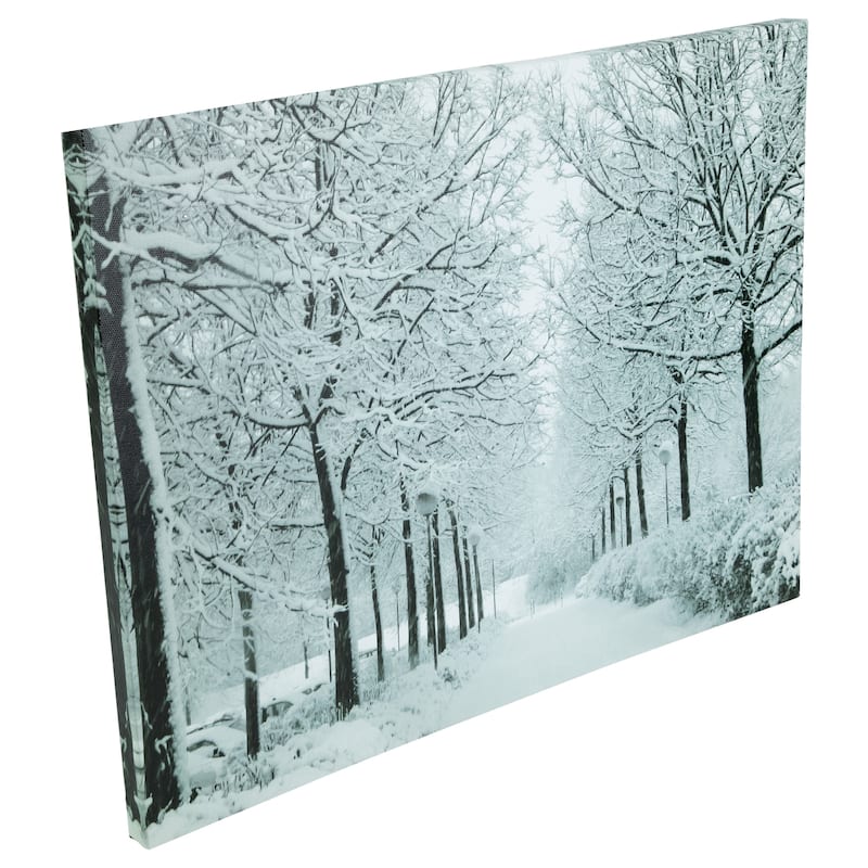 LED Lighted Fiber Optic Twinkling Snow Covered Tree Scene Canvas Wall Art 15.75" x 11.75"
