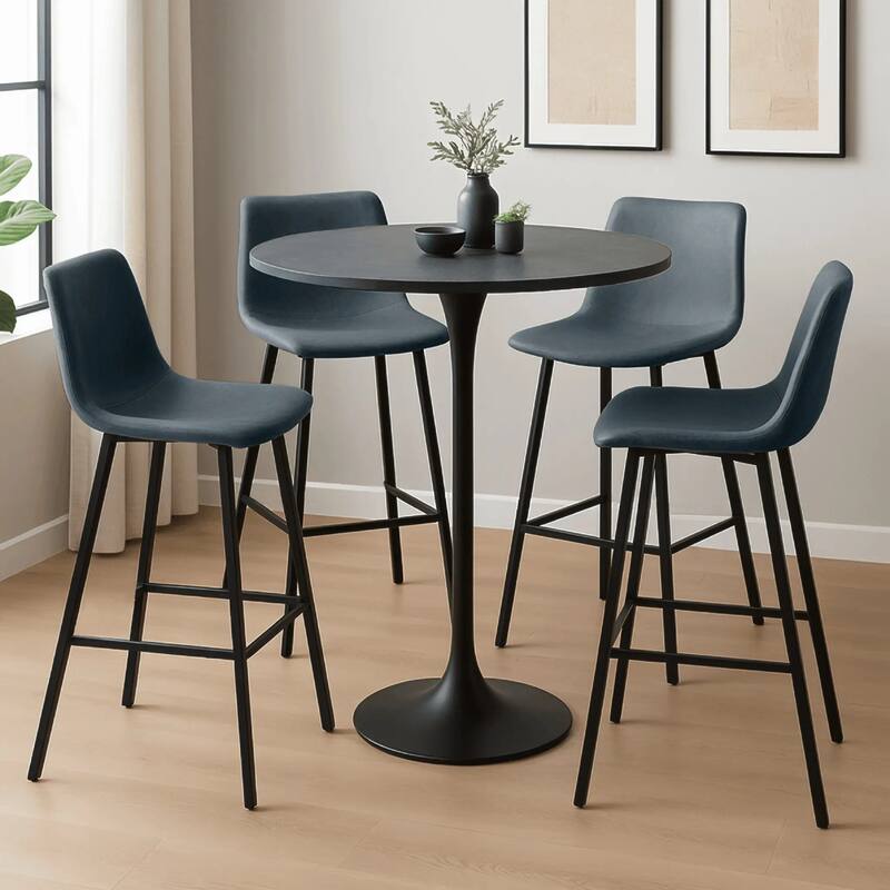 Elland 5-Piece Bar-Height Dining Set with Round MDF Bar Table and Upholstered Leather Bar Stools