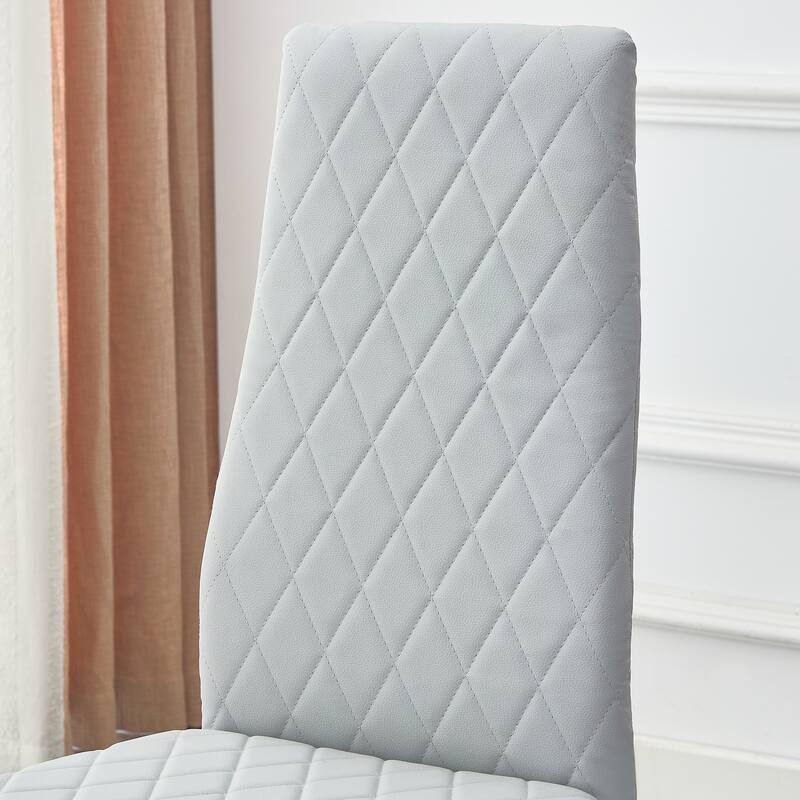 Leather Dining Table Chair Set of 6, High Back Dining Chair, Grid Armless Lounge Chair, Office Chair with C-Shaped Metal Legs