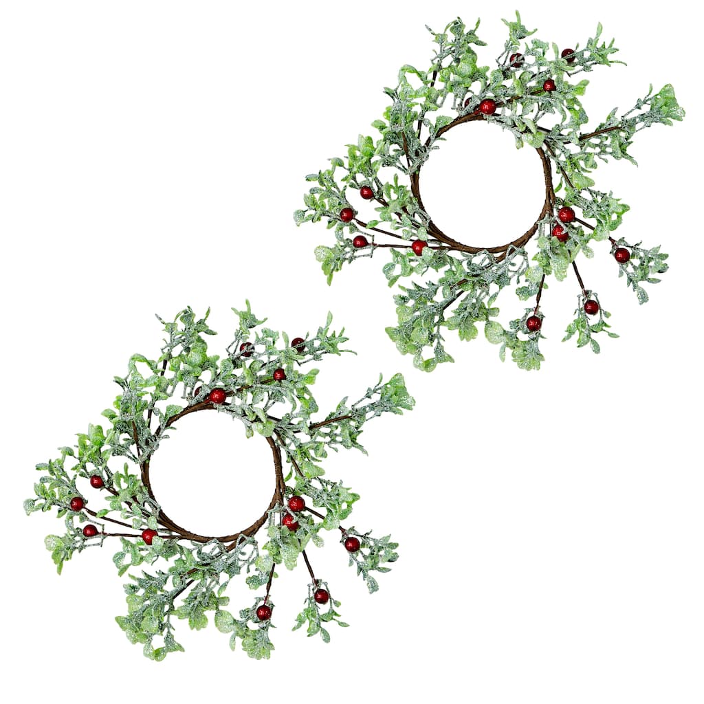 4.25" Green Leaves & Red Berries Candle Ring, Set of 2 - 12