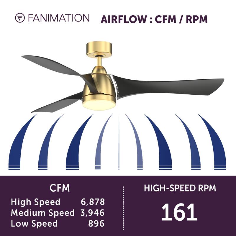 Fanimation Klear 56 inch Indoor/Outdoor Smart Ceiling Fan with LED CCT Select Light Kit and Remote - Brushed Satin Brass & Black