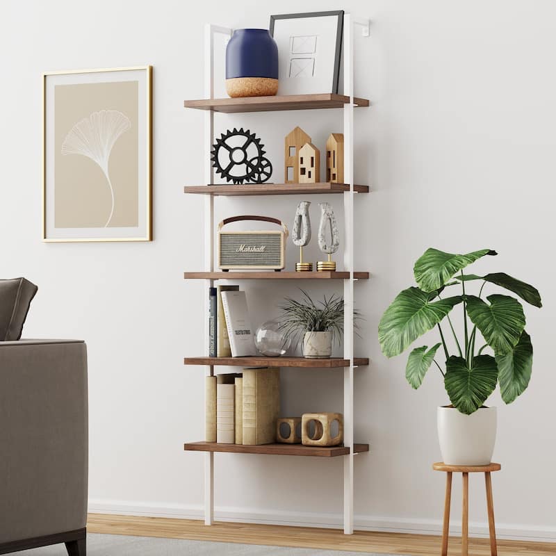 Nathan James Theo 5-Shelf Ladder Bookcase Wood with Metal Frame - Natural Brown/White