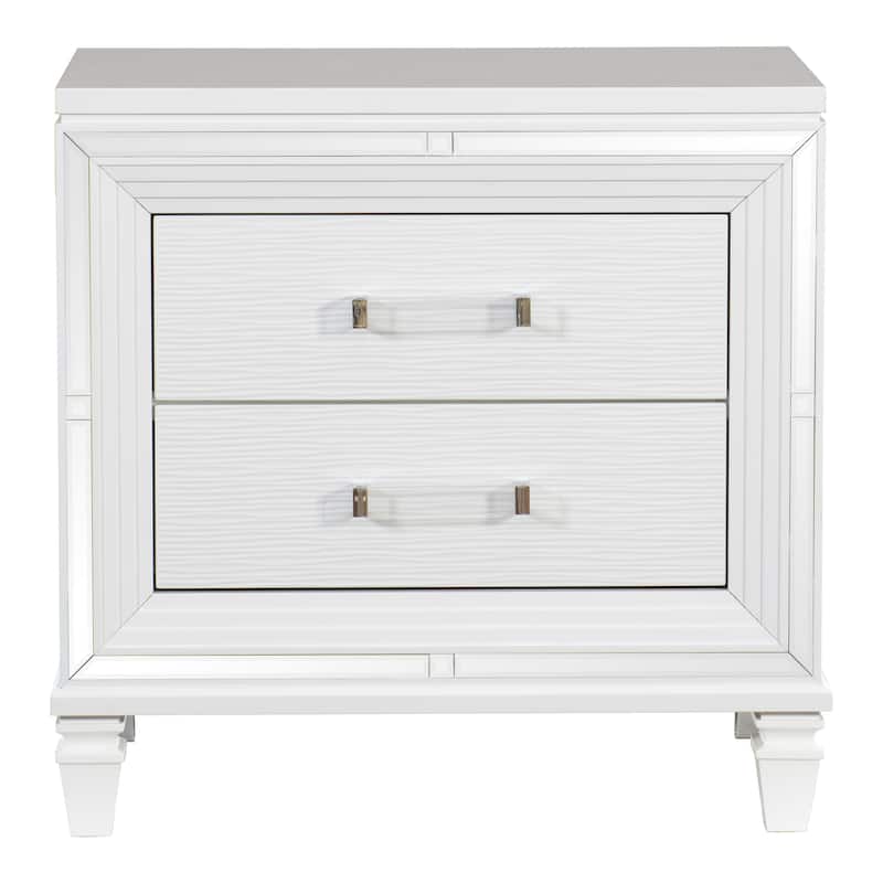 2 Drawer Wooden Nightstand with Acrylic Bar Pulls and Mirror Trim, White