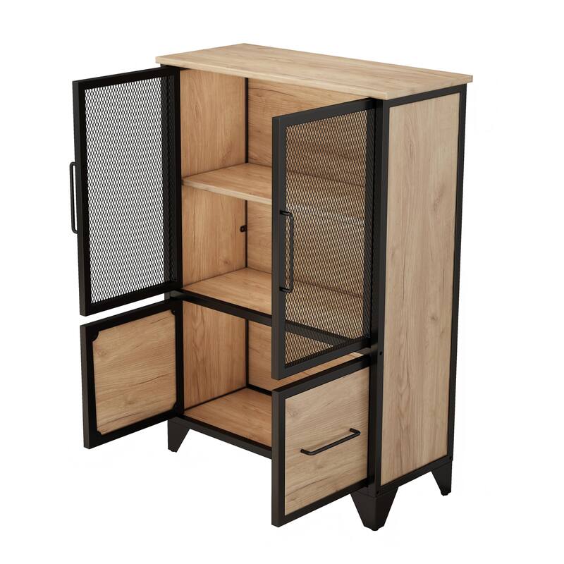 Storage Cabinet With 4 Iron Doors,Black Metal Handle,Sideboard With Adjustable Shelf,Black Sturdy Metal Frame and Metal Legs