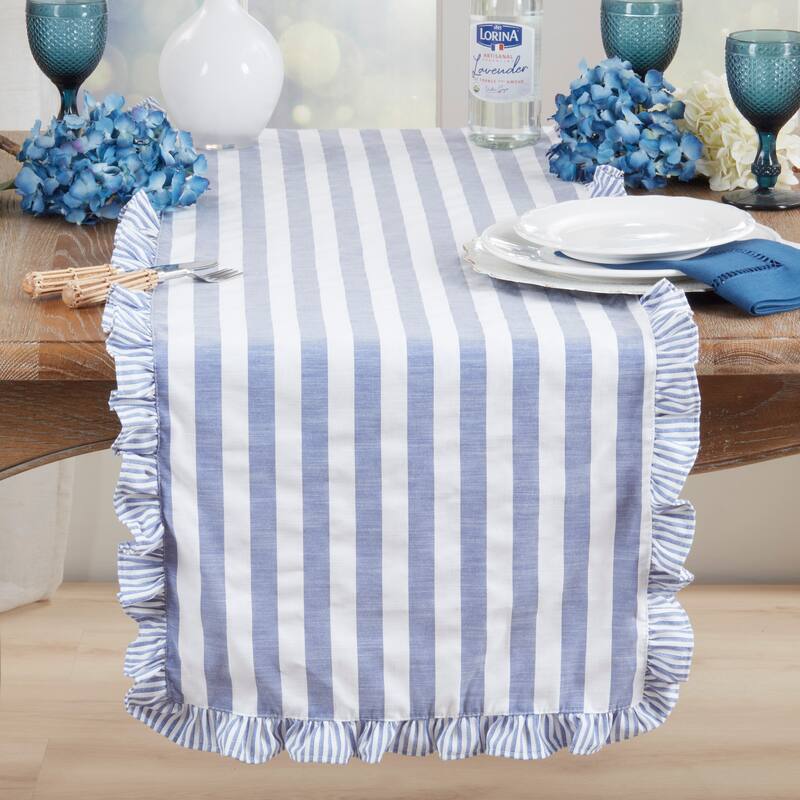 Striped Ruffle Edge Table Runner - Decorative Non-Reversible Cotton Blend Table Runner for Dining Table, 16"x72"