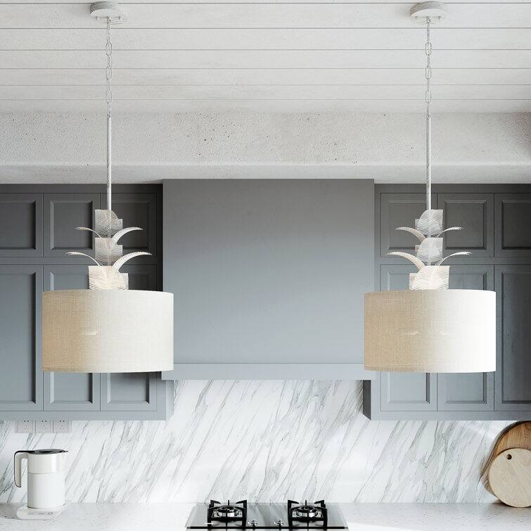 Acroma 4 - Light Whitewashed Drum Chandelier with Palm Leaf Detailing and Fabric Shade