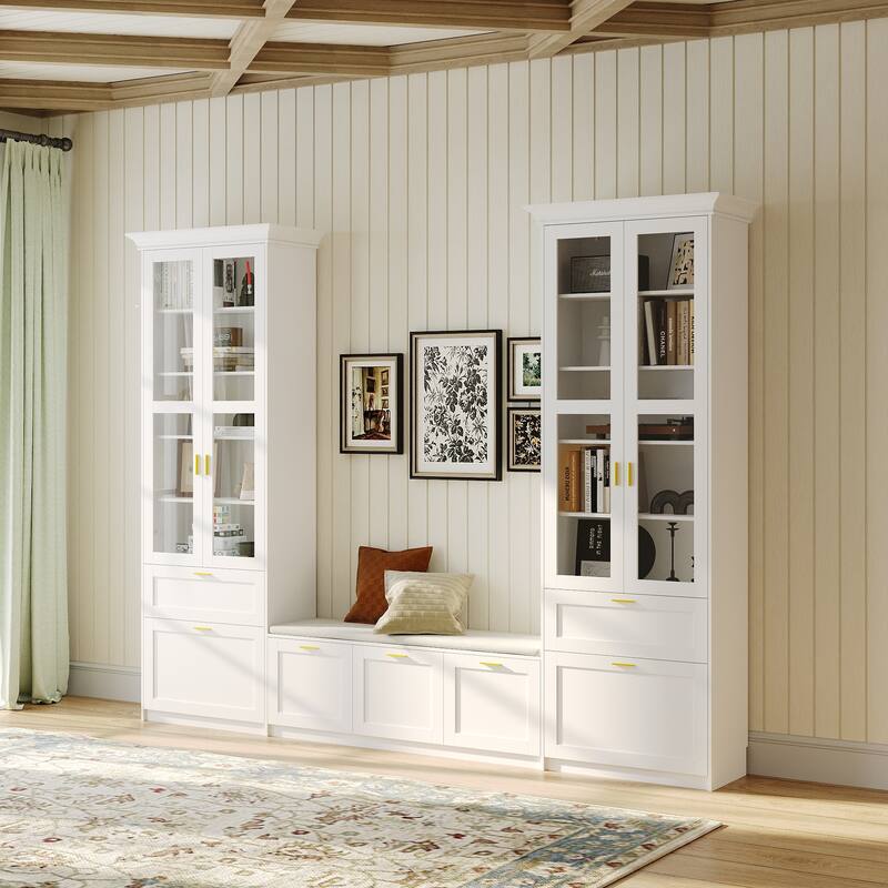 Display Cabinet Set w/Tempered Glass Doors and Storage Bench Bookshelves Bookcase