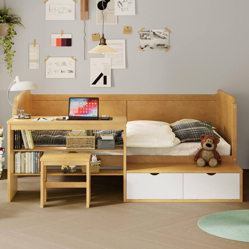 Multi-functional Wooden Twin Size Daybed with Storage, Study Desk, and Matching Stool - Natural