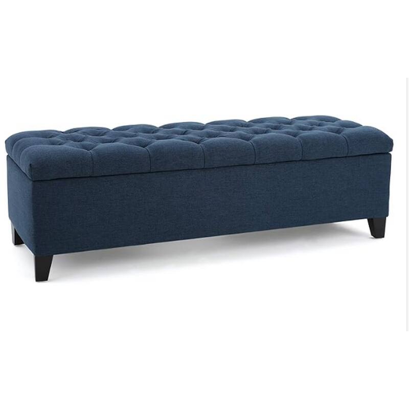 Elias Storage Bench, 51 Inch Button Tufted Blue Velvet, Solid Wood