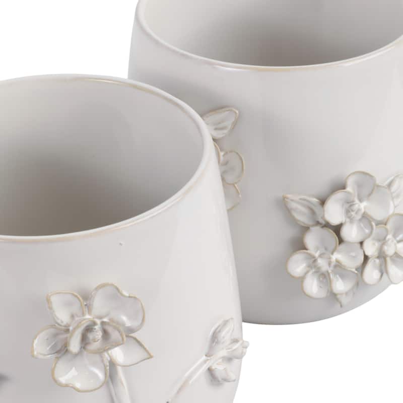 Ceramic Planter with Raised Floral Detailing and Glossy Texture