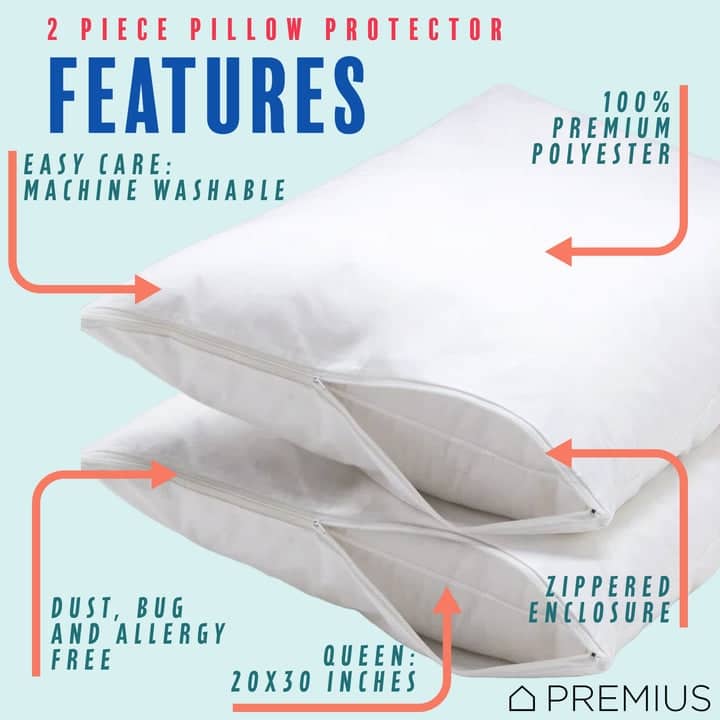 PREMIUS 2-Pack Bed Pillow Protector Encasement Cover with Zipper, White