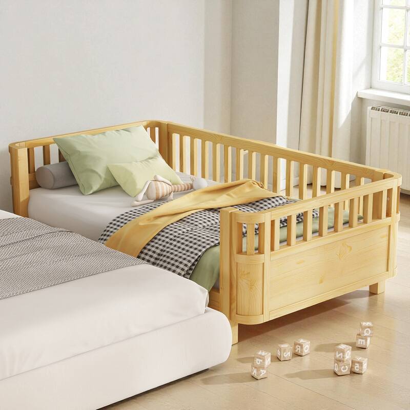 Wood Twin/Full Size Platform Bed with Safety Rails, Low Profile Kids Bed Frame for Girls and Boys