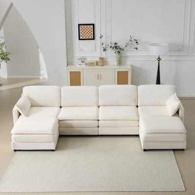 136" Modular 4-seater Sofa with 2 Footstools,Beige Chenille Cushions and 2 Throw Pillows