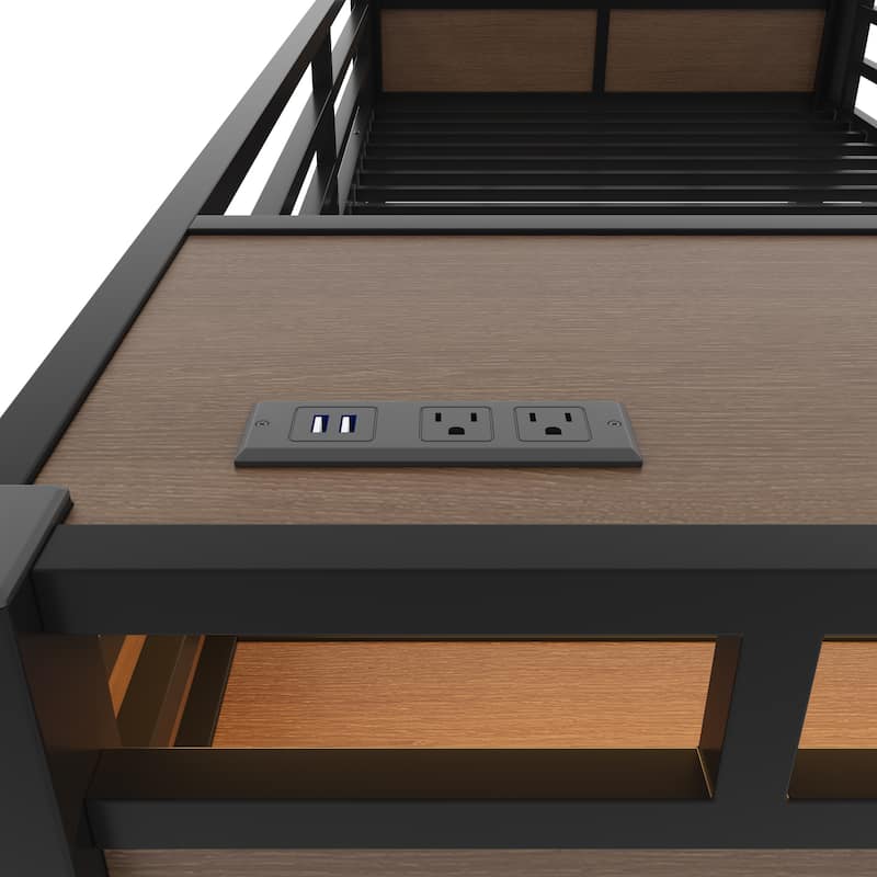 Full/Twin Metal Bunk Bed with Storage Shelves & USB Ports