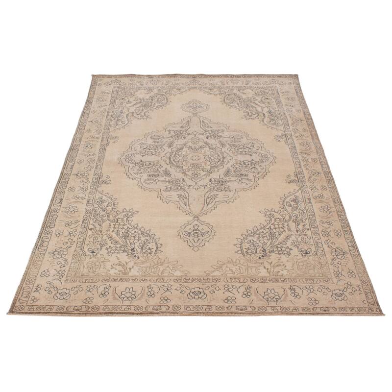 ECARPETGALLERY Hand-knotted Antalya Vintage Khaki Wool Rug - 6'7 x 9'10