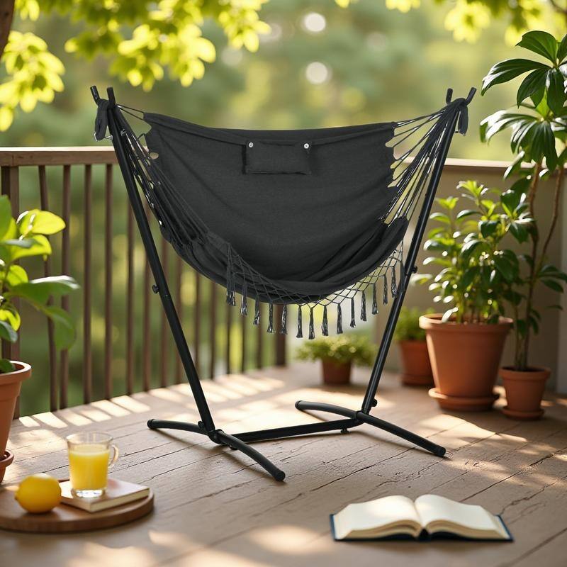 Steel Frame Hammock Chair with Stand and Includes Headrest and Side Pocket, 330lb Capacity - Gray