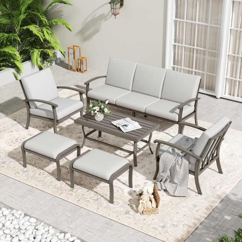 6-Piece Aluminum Patio Conversation Set with Coffee Table,Sofa, Ottoman and Light Gray Cushions