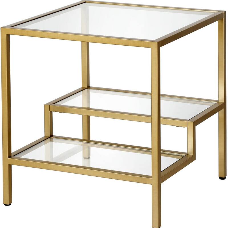 22" Glass and Steel Square End Table with Two Shelves - 22-inch H x 20-inch W x 20-inch D