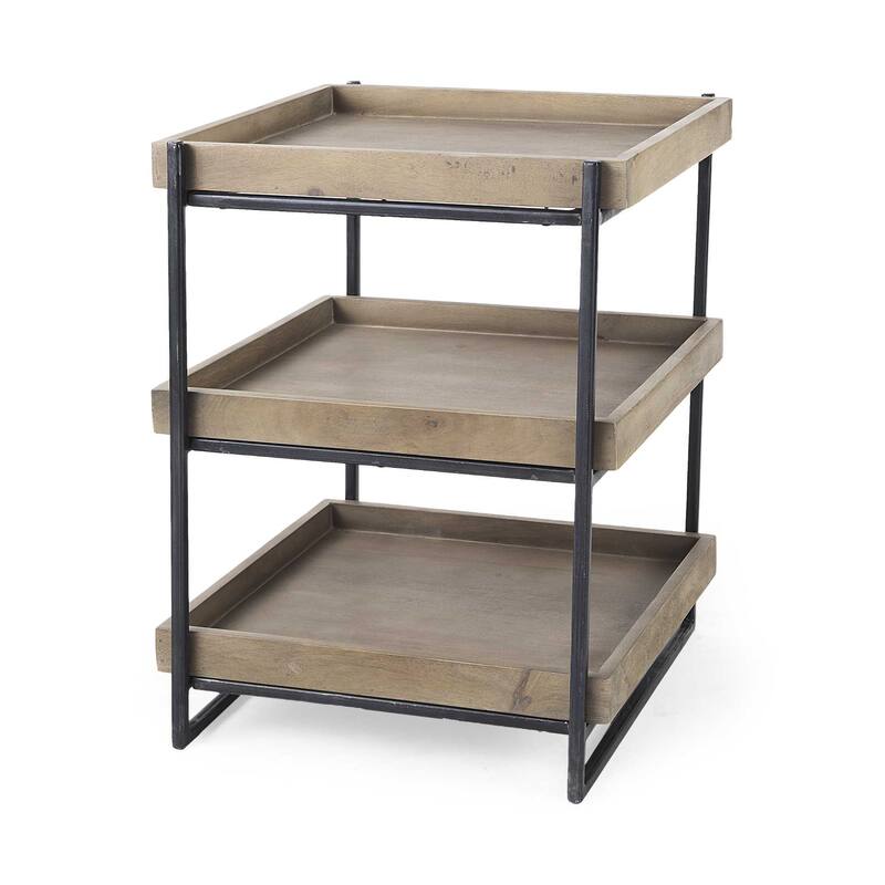 Brown Solid Wood Square End Table with Abstract Metal Base and 2 Shelves - 20” x 20” x 26” (D x W x H) - Brown