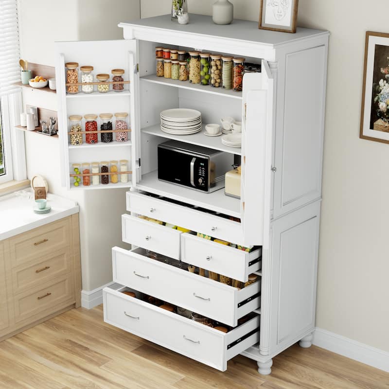 Tall Kitchen Pantry, 77.3"H - Large Storage Cabinet with 5 Drawers, 6 Door Shelves & 2 Adjustable Shelves, Freestanding