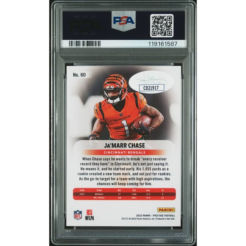 Ja'Marr Chase 2023 Prestige Signed Football Card #60 Auto Graded PSA 10 Cert # 119161587 - 8' x 11'